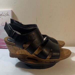 Eurosoft by Sofft Women's Black Leather Cork Wedge Sandals - Size 7.5M